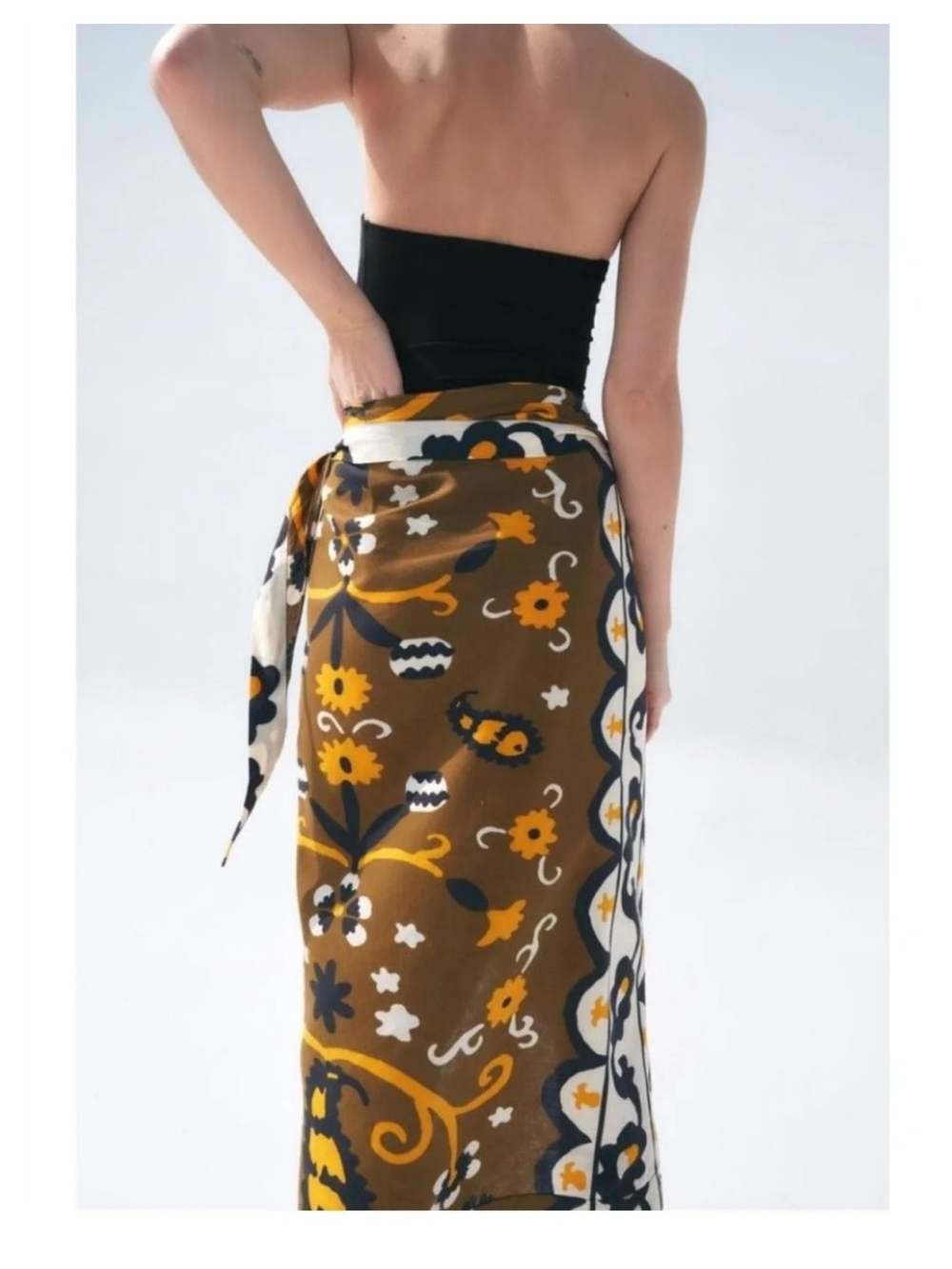 Zara Linen Cotton Skirt Graphic Asymmetrical Wrap Skirt L Earthy